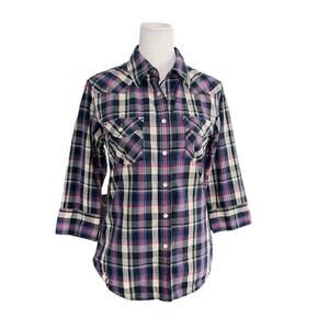 AG Adriano Goldschmied Pink Blue Plaid Slim Fit Pearl Snap Shirt Size Small